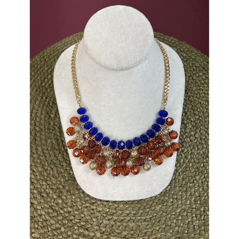 Multi-layer Faceted Beaded Necklace Navy Blue Brown Gold Estate Piece